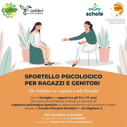 Locandina dello sportello psicologico gratuito per ragazzi e genitori del progetto Scholé